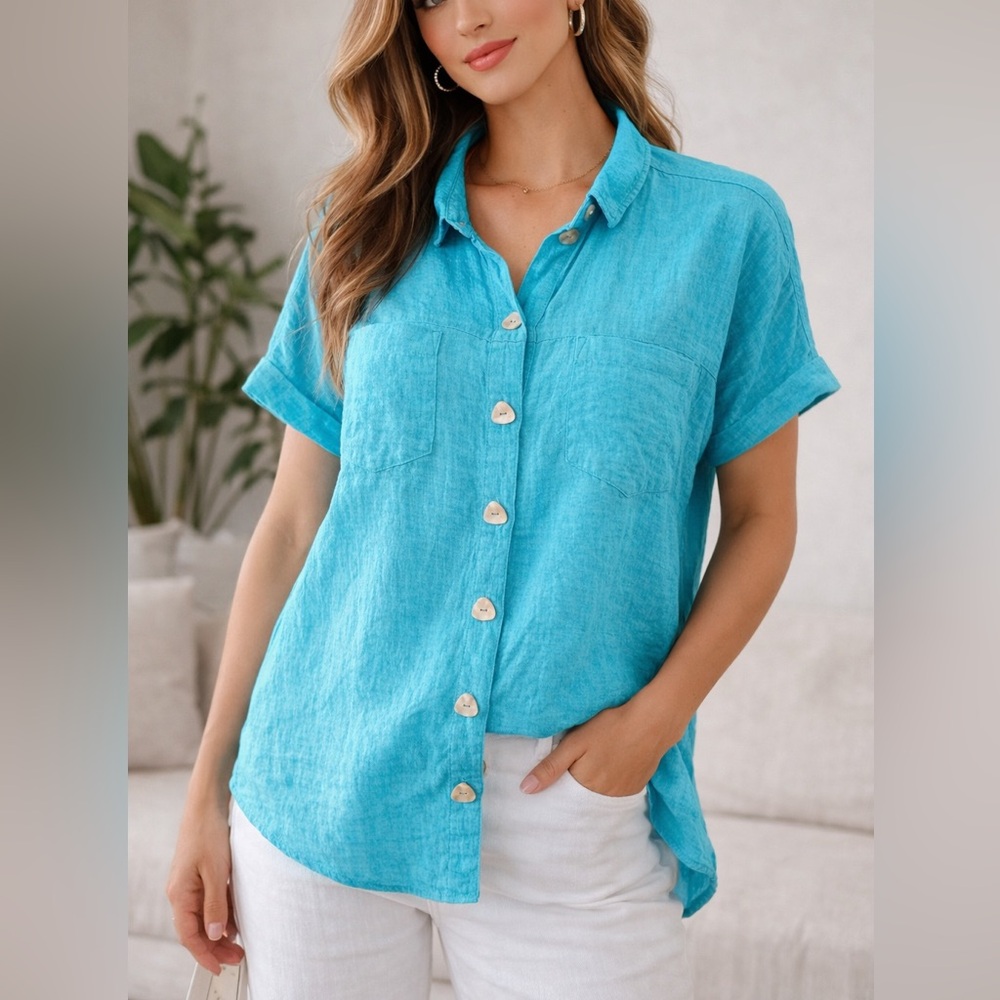 John Mark Turquoise Button-Down Shirt Triangular … - image 1